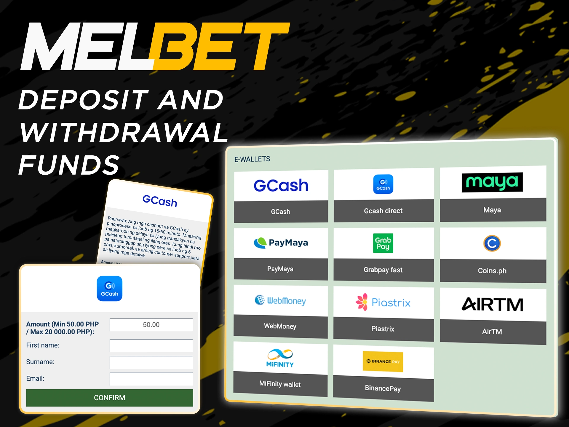 Deposit and withdraw funds instantly in your Melbet account.