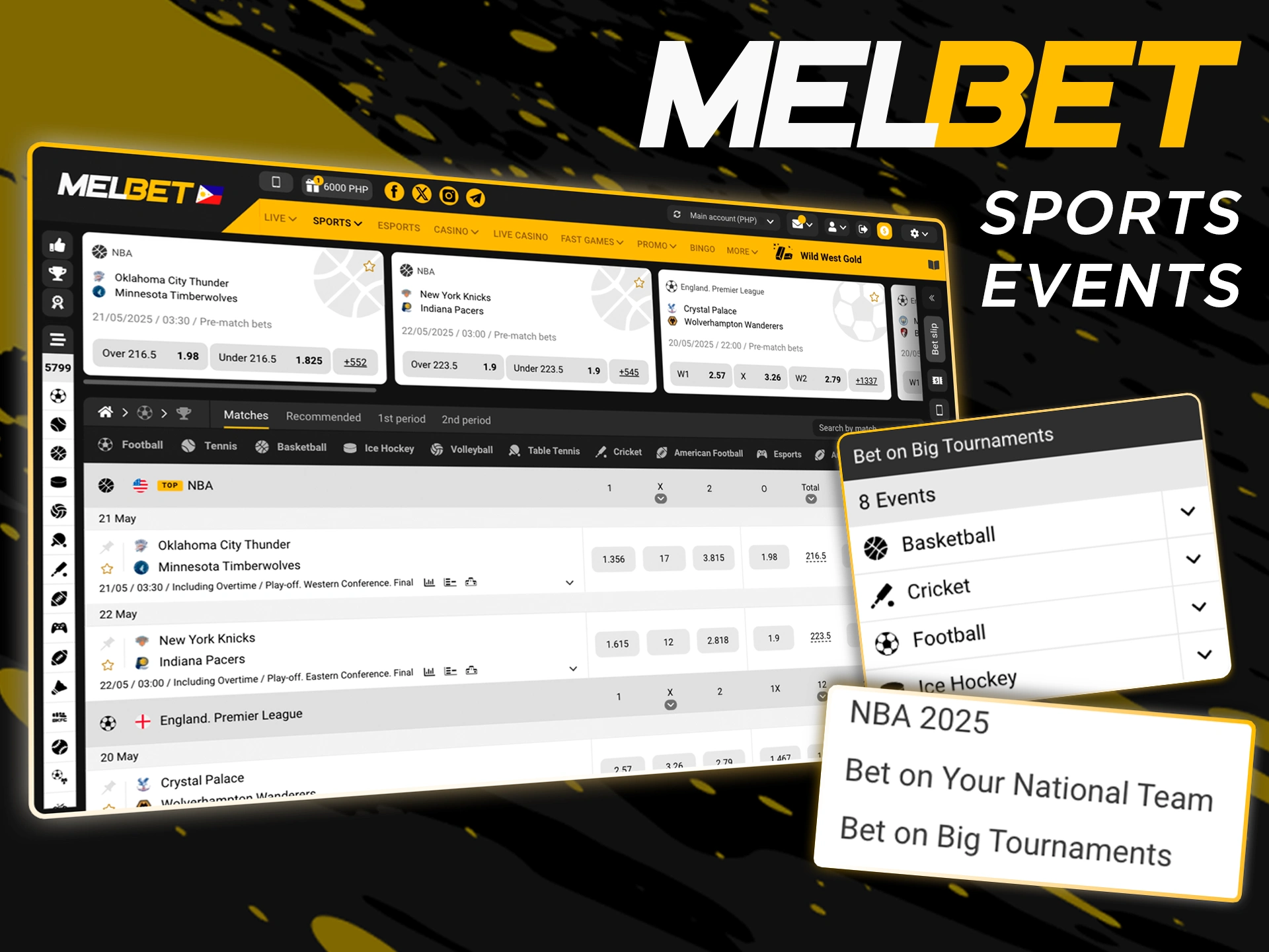 Choose a sporting event of interest to you and place your bet at Melbet.