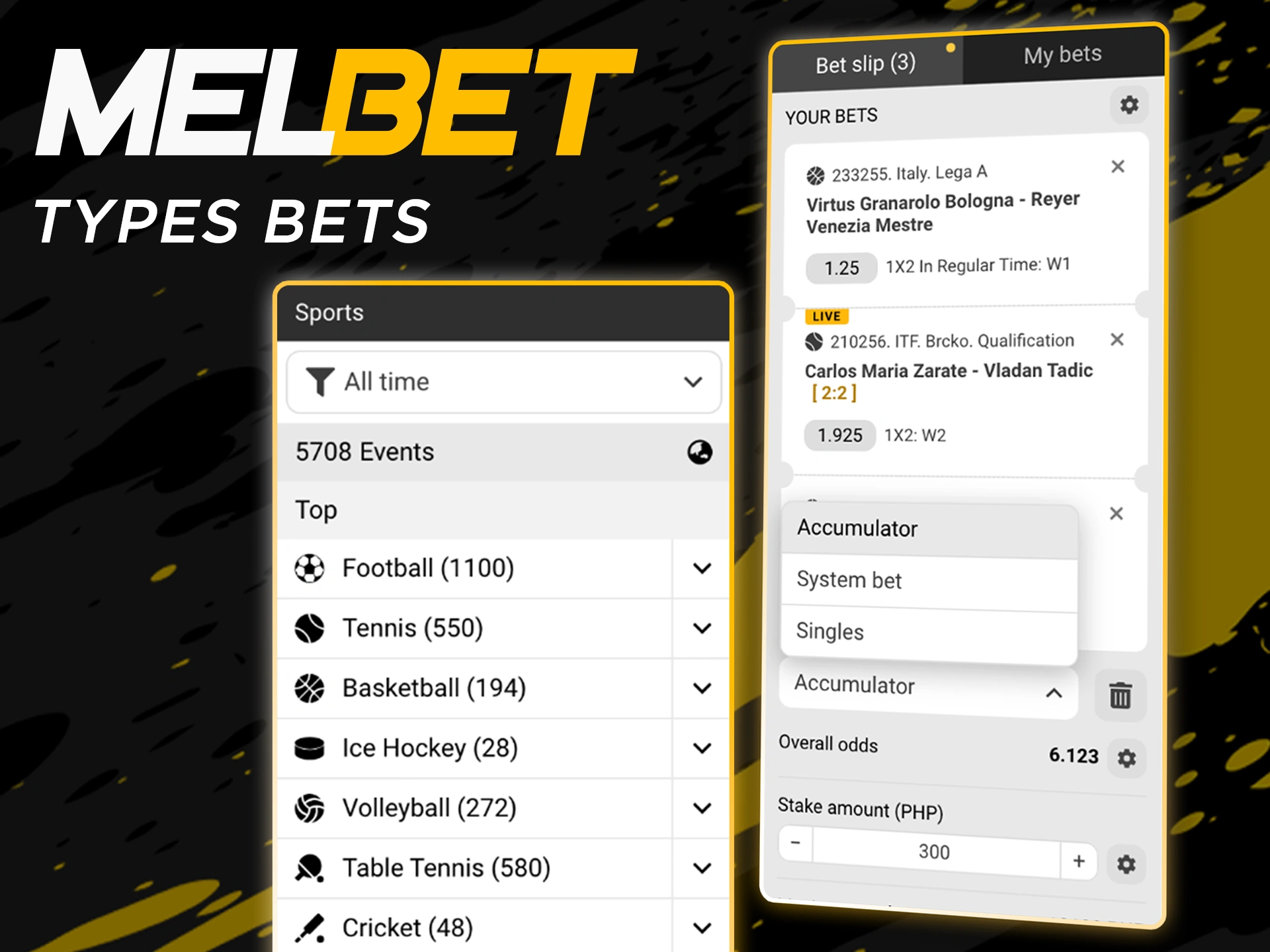 Choose the type of sports bet for each match at Melbet.
