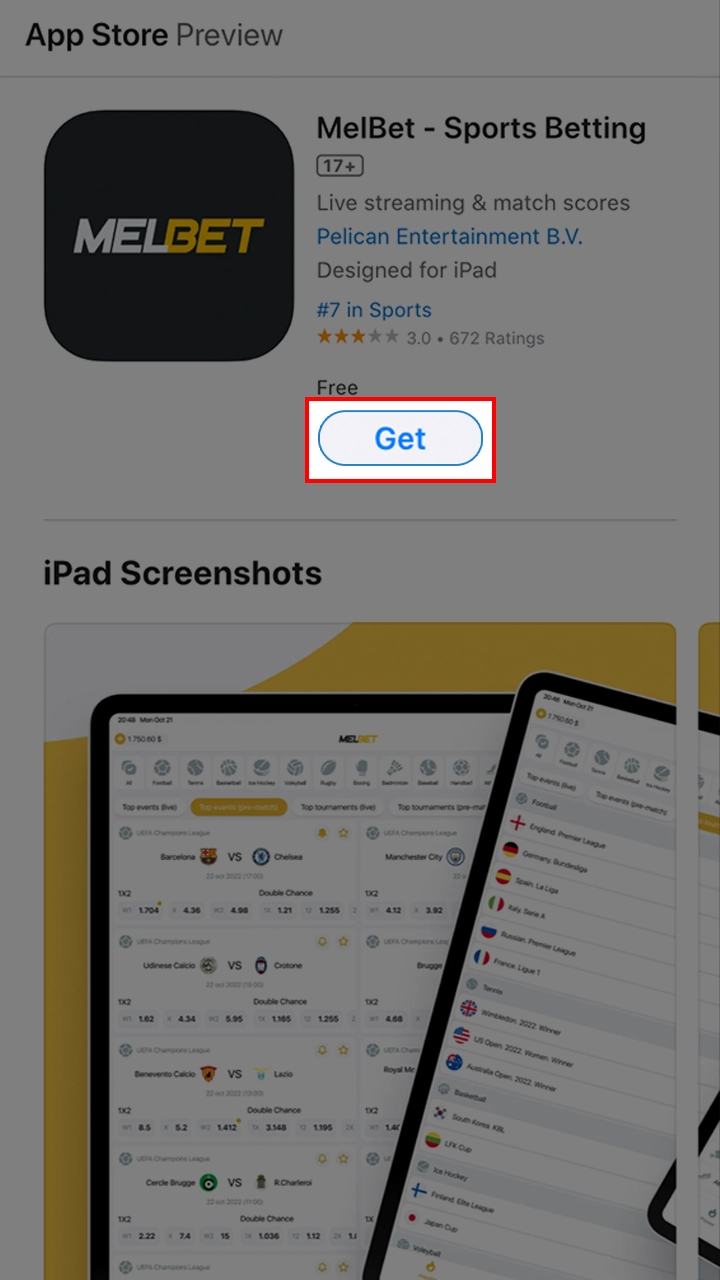 Install the Melbet app by clicking on the button.