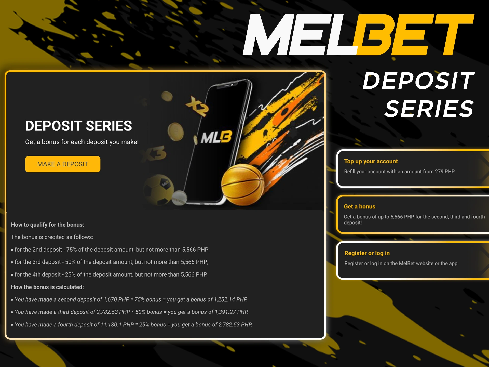 Get bonuses from Melbet by funding your personal account.