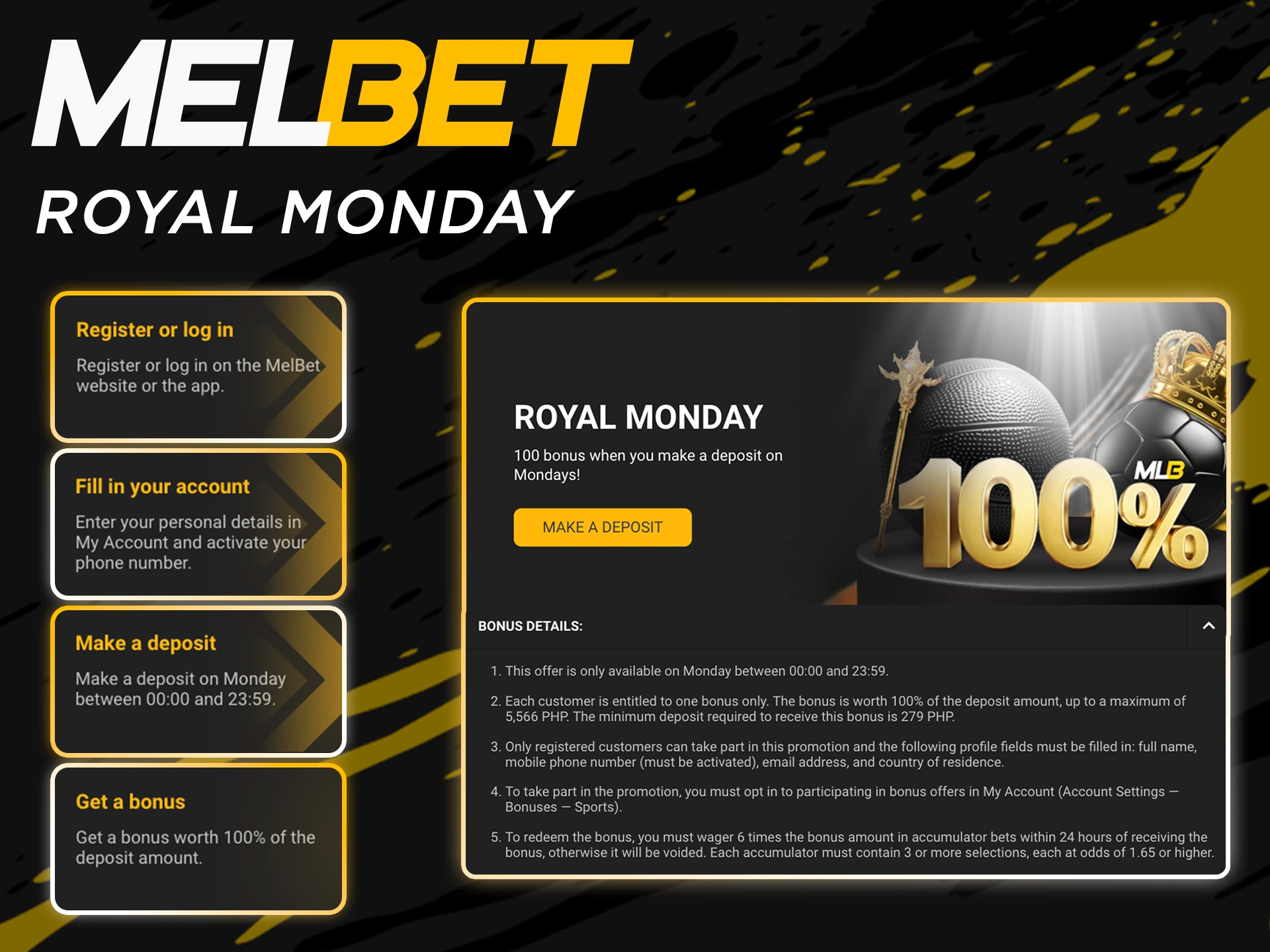 Don't miss out on Melbet's weekly Royal Monday bonus.