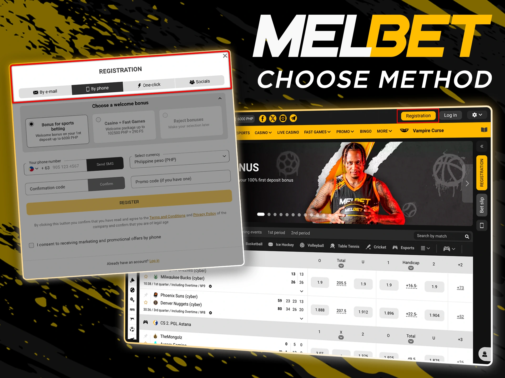 Choose a convenient method for you to register an account with Melbet.