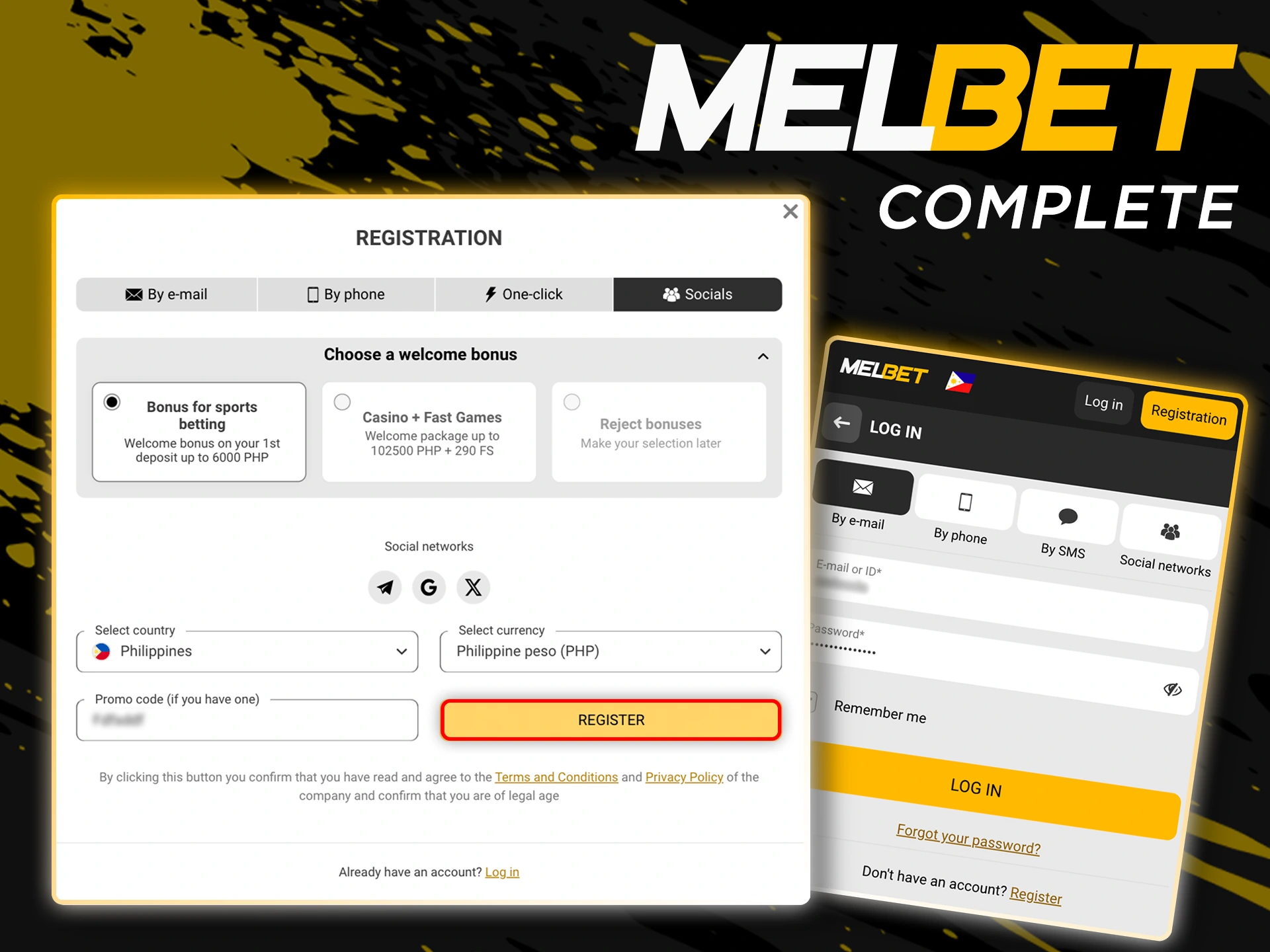 Complete your registration and log in to your new Melbet account.