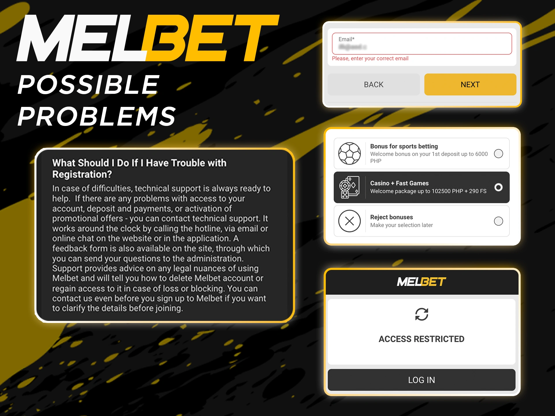 Learn about problems and solutions when registering at Melbet.