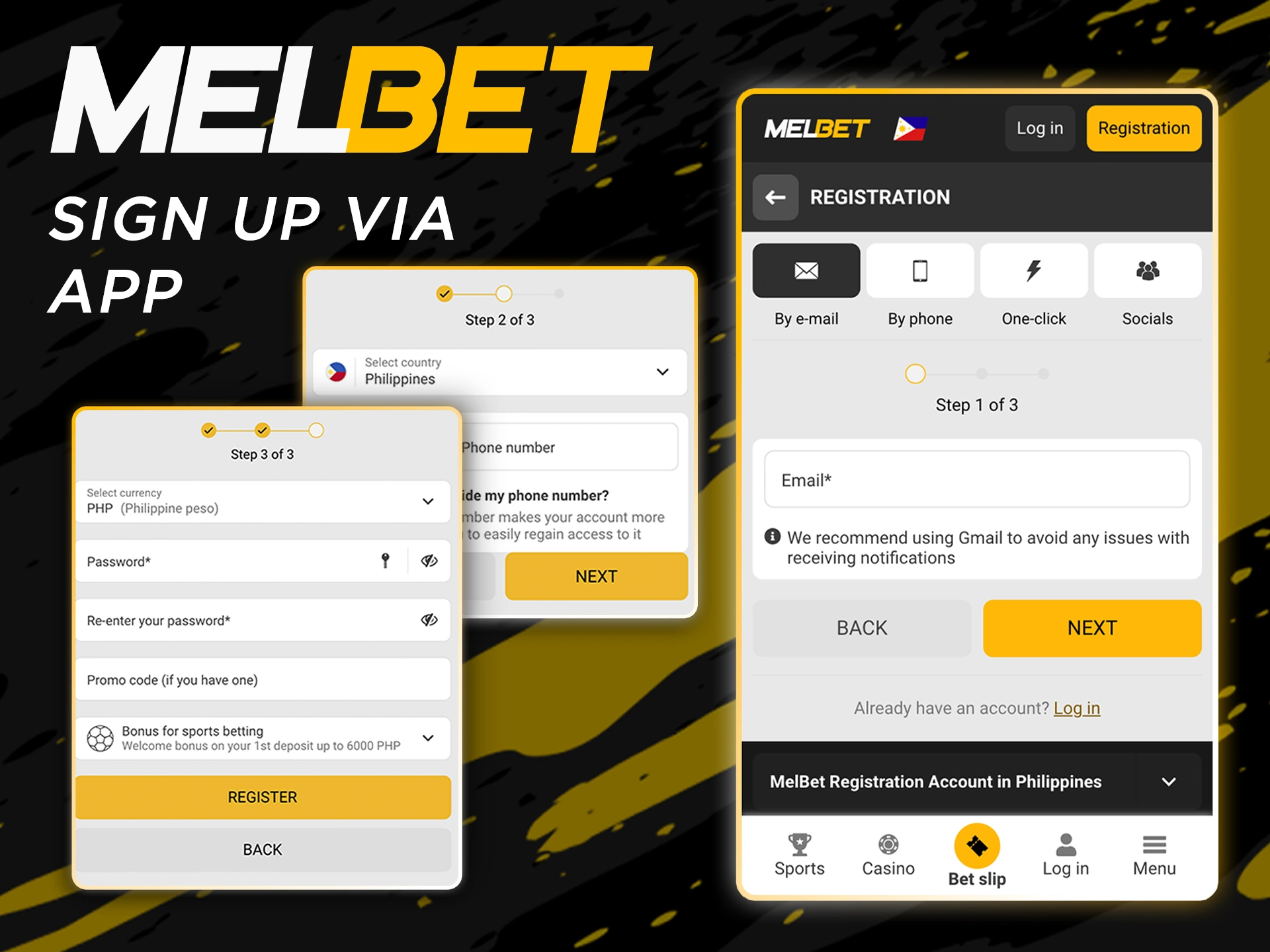 Use the Melbet app to register by any method.