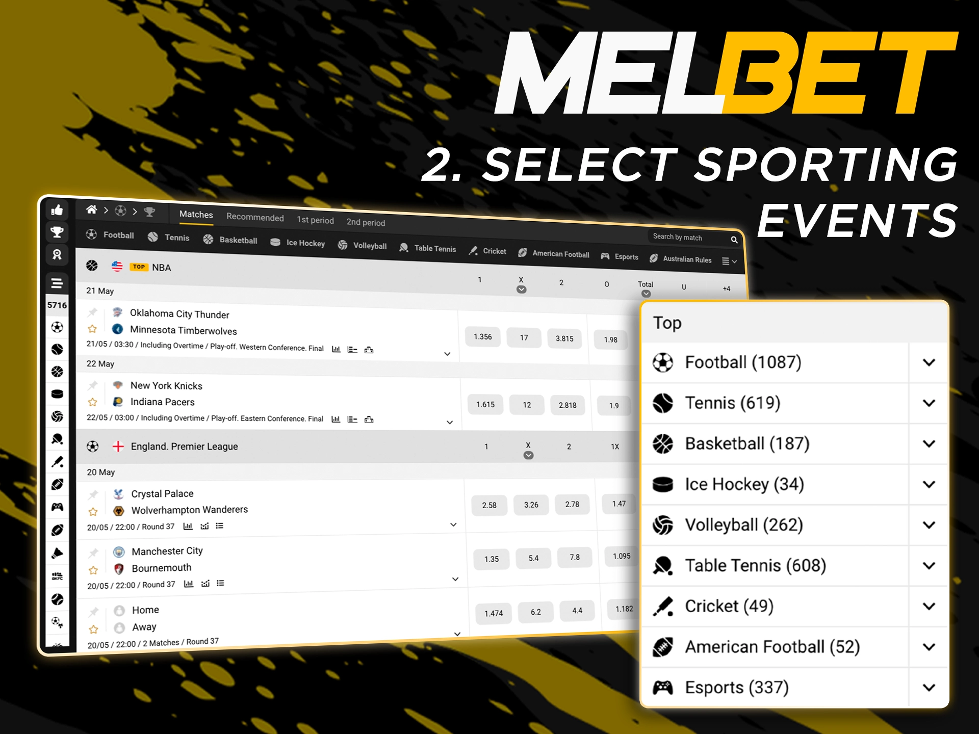 Select a sporting event based on the sport at Melbet.