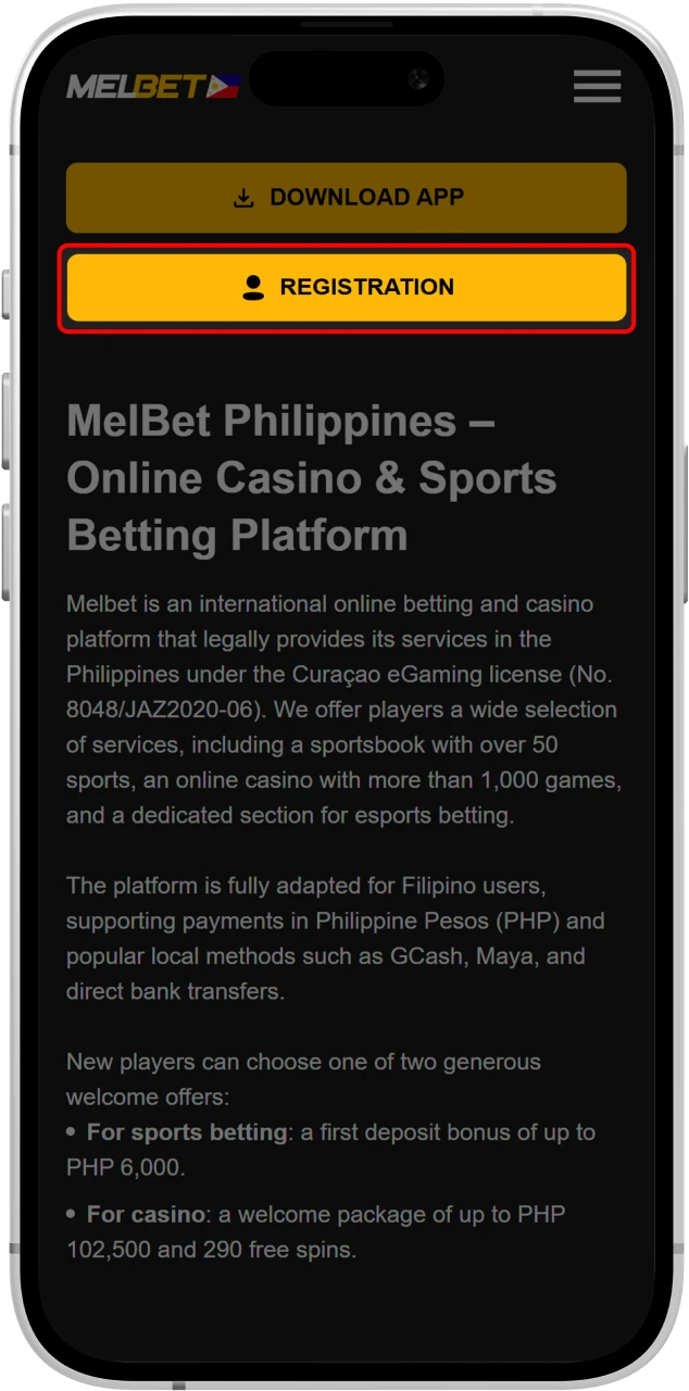 Choose a convenient method for you to register an account with Melbet.