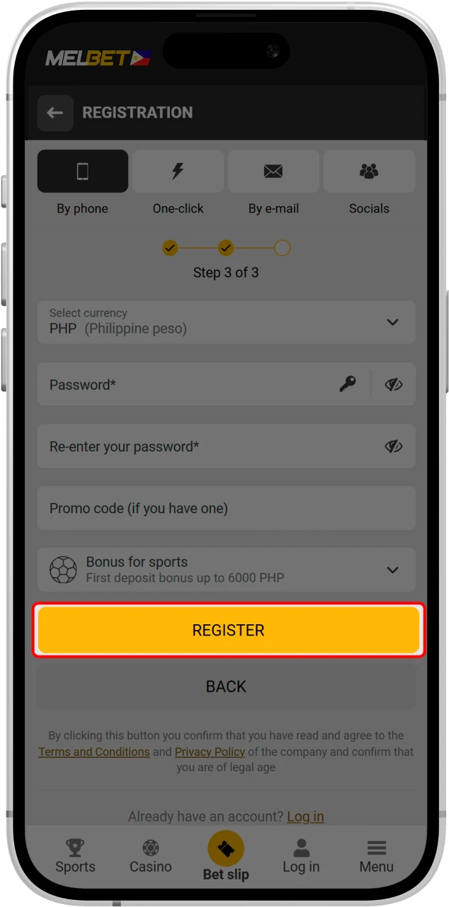 Complete your registration and log in to your new Melbet account.